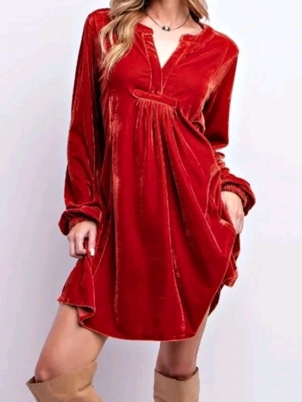 Easel Velvet Babydoll Tunic Dress L Burnt Orange